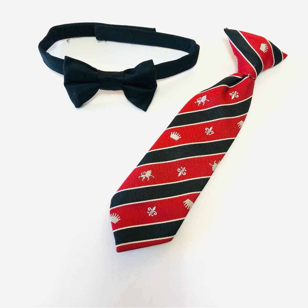 Tie Bundle - Black Satin Bow Tie & Red and Black Clip-on Long Tie - Boys 12m-24m